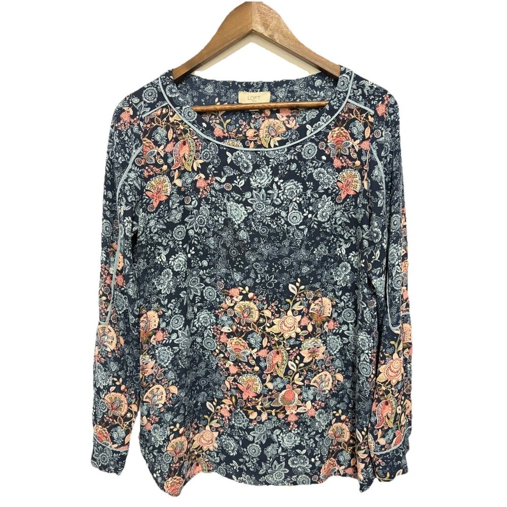 LOFT Outlet Floral Blouse Womens Small Blue Pink Long Sleeve Piped Boho Top - Picture 1 of 6